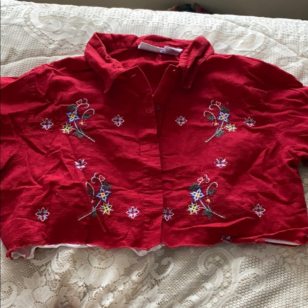 Red floral embroidered crop top